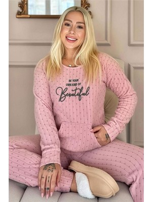 Açık Pembe Beautiful Desenli Kanguru Cepli Peluş Polar Pijama Takımı