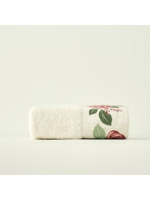 %100 Pamuk Rose Baskılı Yüz Havlusu Krem (50X90 Cm)