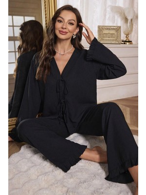 Kadın Siyah Önden Bağlamalı Kolu ve Paçası Fırfır Detaylı Uzun Kollu Pijama Takımı