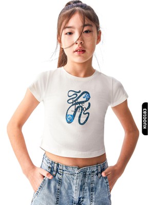 Dijital Baskılı Kristal Taş Baskılı T-Kollu Slim Fitli Kız Çocuk Tişört 8-14 36435