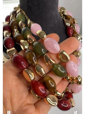 Özel Seri Taşlı, Boncuklu Kolye 44+7cm (Bordo)