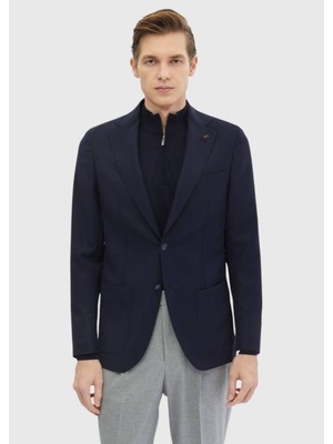 Lacivert Düz Comfort Fit %100 Yün Ceket