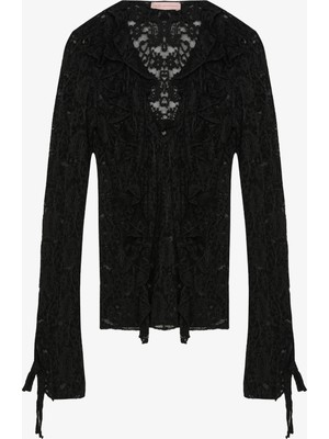 Fırfırlı V Yaka Dantel Bluz Siyah