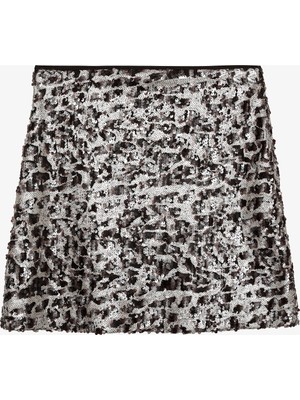 Payetli Leopar Desen Mini Etek Kahverengi