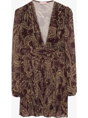 Desenli Piliseli V Yaka Mini Elbise Kahverengi