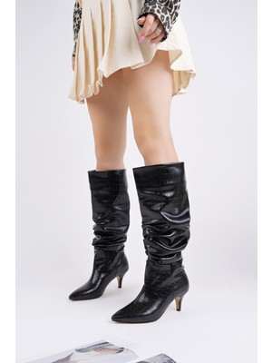 Muggo Rumba Sivri Burun Kırışık Kroko Desenli Ince Topuklu Kadın Çizme