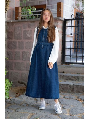 Mavi Önü Fermuarlı Klasik Gömlekli Kız Çocuk Kuşaklı Jean Elbise 22737