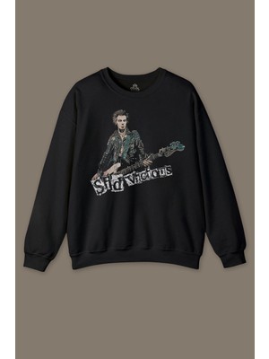 Siyah Unisex Tshirt Sid Vicious Sex Pistols Bass Guitar Music Punk Baskili Sweatshirt