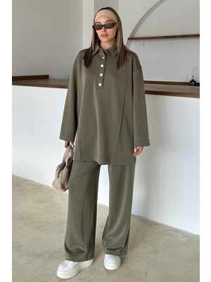 Gömlek Yaka Premium Örme Kumaş Tunik Pantolon Takım Haki 9374-TK