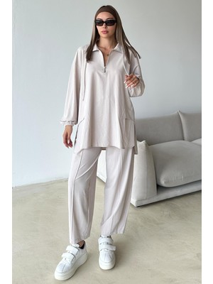 Yakası Fermuar Detaylı Premium Örme Kumaş Tunik Pantolon Takım Taş 9375-TK