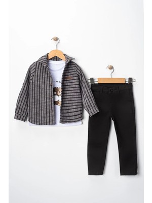Erkek Çocuk 3'lü Spor Takım Çizgili Ceket Ayıcık Baskılı Tişört ve Pantolonlu