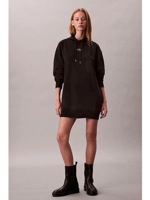 Kadın Rahat Kalıp Kapüşonlu Sweatshirt Elbise - Siyah