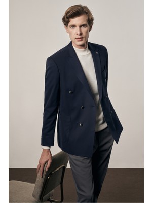 Koyu Lacivert Kılıç Yaka Pamuklu 6 Drop Slim Fit Classic Kruvaze Ceket 1002255113