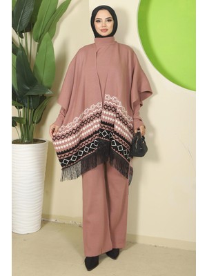 Kilim Desen Pançolu Üçlü Triko Takım Gül Kurusu HM2816