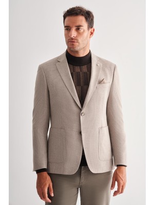Bej Mono Yaka Desenli Örme Astarlı Çift Yırtmaç Esnek 4 Drop Comfort Fit Classic Ceket 1002255112