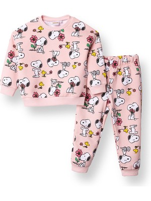 Snoopy Kız Bebek Eşofman Takımı Üç Iplik Bisiklet Yaka Uzun Kol Ribanalı Paça