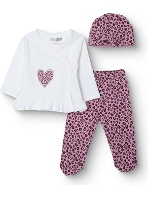 Hellobaby Kız Bebek Yenidoğan Zıbın-Şapka-Patikli Interlok V Yaka Uzun Kol Patikli Paça