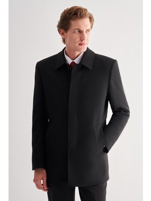 Siyah Kaşe Bebe Yaka Kapitoneli Astar Comfort Fit Rahat Kesim Klasik Kaban 1008245161