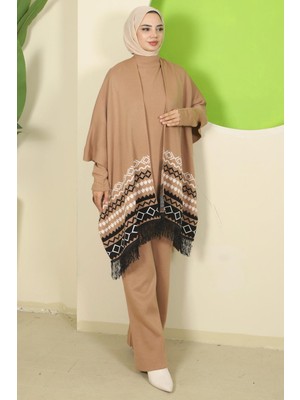 Kilim Desen Pançolu Üçlü Triko Takım Camel HM2816