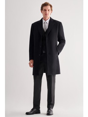 İmza Siyah Mono Yaka Yünlü Kaşe Palto Tam Astar Erkek Classic Comfort Fit 54 Beden
