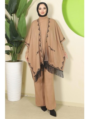 Zincir Desen Pançolu Üçlü Triko Takım Camel HM2815