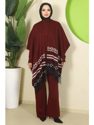 Kilim Desen Pançolu Üçlü Triko Takım Bordo HM2816