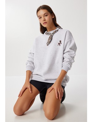 Fular Detaylı Şardonlu Örme Sweatshirt LPX0005 Gri Melanj