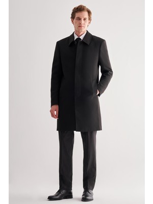 İmza Siyah Berberi Yaka Esnek Kaşe Palto 1005255152 Erkek Comfort Fit Polyester Orta Kalınlık