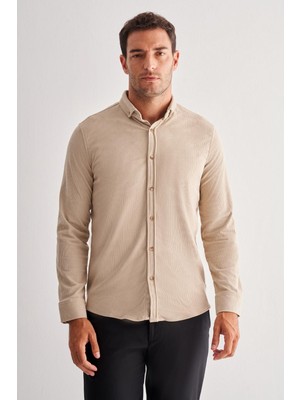 Bej Smart Düğmeli Yaka Uzun Kol Cepsiz Slim Fit Casual Gömlek 1004255168
