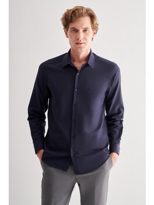 Lacivert Sert Yaka Uzun Kol Slim Fit Pamuklu Gömlek 1004255175