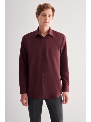 Bordo Sert Yaka Uzun Kol Easy To Iron Comfort Fit Pamuklu Gömlek 1004255182