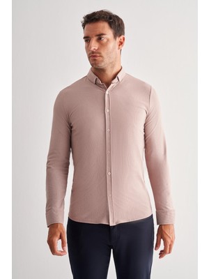 Koyu Kahverengi Smart Düğmeli Yaka Uzun Kol Cepsiz Slim Fit Casual Gömlek 1004255165