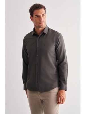 Haki Sert Yaka Uzun Kol Slim Fit Pamuklu Gömlek 1004255175