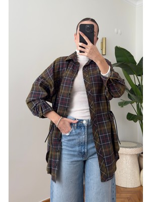 Ekose Desen Belden Büzgülü Gömlek- Haki