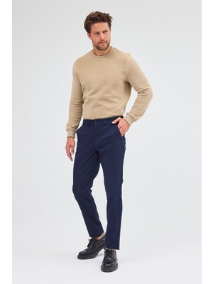 Koyu Lacivert Yan Cep Düz Paça Pamuklu Slim Fit Chino Casual Pantolon 1003255155