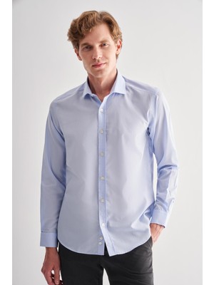 Açık Mavi Yarım Italyan Yaka Uzun Kol Easy To Iron Slim Fit Pamuklu Gömlek 1004255301