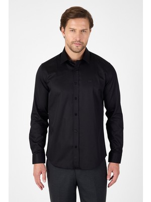 Siyah Sert Yaka Düz Classic %100 Pamuk Slim Fit Gömlek 1004250324