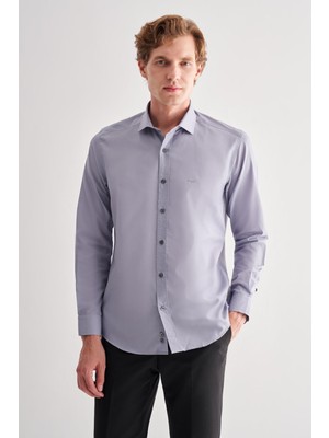 Koyu Gri Yarım Italyan Yaka Uzun Kol Slim Fit Pamuklu Gömlek 1004255180