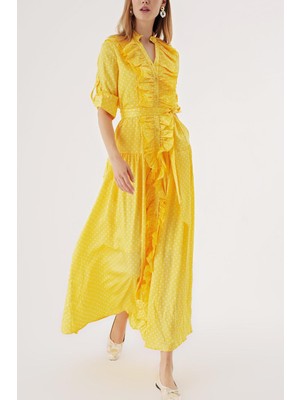 Sarı Fırfırlı Uzun Gömlek Elbise 94470