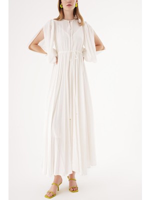 Beyaz Kolu Yırtmaçlı, Bağçıklı Uzun  Elbise 94463