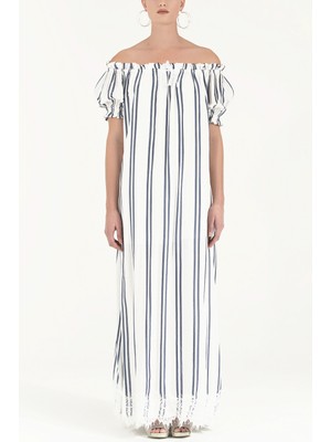 Mavi Düşük Omuzlu Lastikli Uzun  Elbise 92355