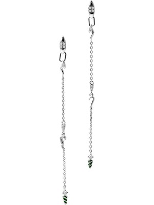 Gümüş Uzun Zincir Detaylı Kristal Taşlı 925 Ayar Gümüş Küpe 143