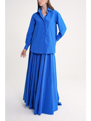 Mavi Yüksek Bel Büzgülü Uzun Etek 81317