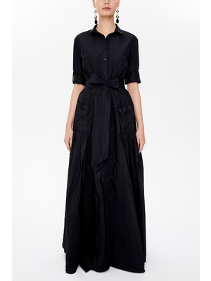 Siyah Büzgülü Uzun Tafta Elbise 94703