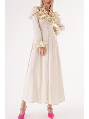 Ekru Hakim Yaka Fırfır Detaylı Gömlek Elbise 94465