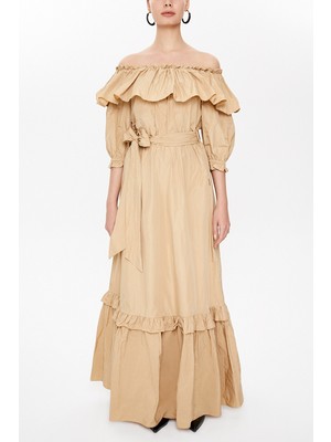 Vizon Düşük Omuzlu Fırfırlı Uzun Elbise 93073