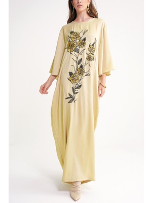 Bej Nakış Detaylı Bol Kesim Uzun Elbise 94648