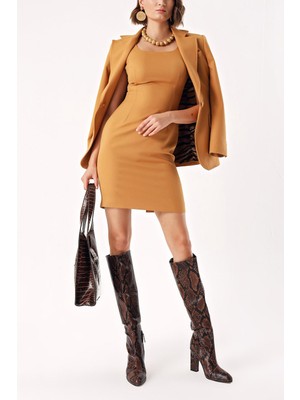 Bej Kolsuz Dar Mini Elbise 94382