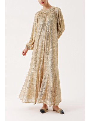 Bej Büzgü Detaylı Balon Kollu Payetli Elbise 94468