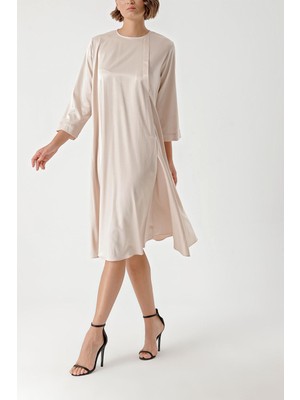 Bej Fermuar Detaylı Bol Kesim Elbise 94362